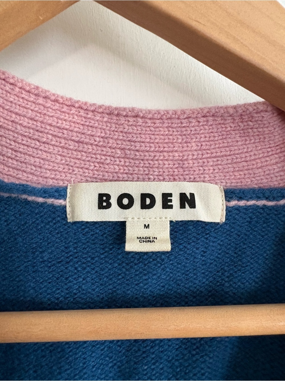 Boden Blue V-Neck Colorblock Cardigan with Pink Trim and Green Hem - Picture 2 of 3